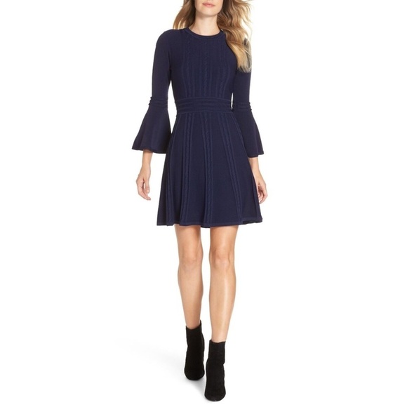 NWT Eliza J Navy Blue Bell Sleeve Knit Fit & Flare Dress Sz S - Picture 1 of 8